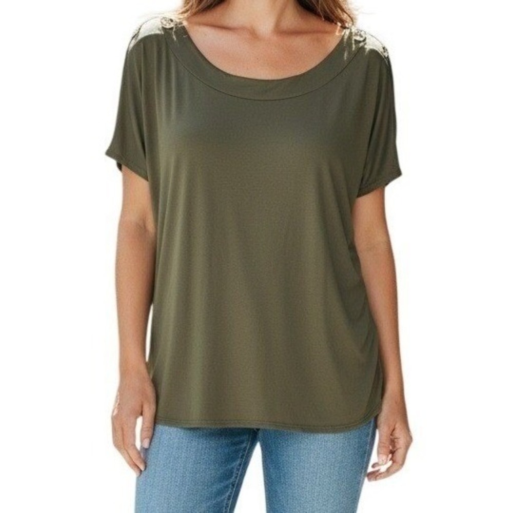 AUW Women Dark Olive Green Button Shoulder Knit Top Blouse 1X T6629032DX NEW